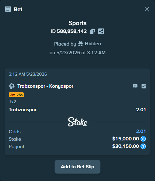 Bet slip: Trabzonspor - Konyaspor, $15,000.00 stake at 2.01 odds, placed by Hidden