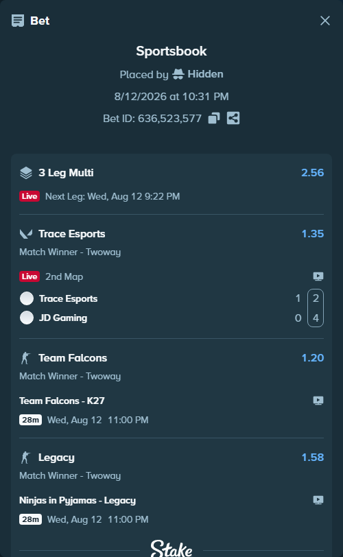 Bet slip: Trace Esports - JD Gaming, $20,000.00 stake at 1.35 odds, placed by Hidden