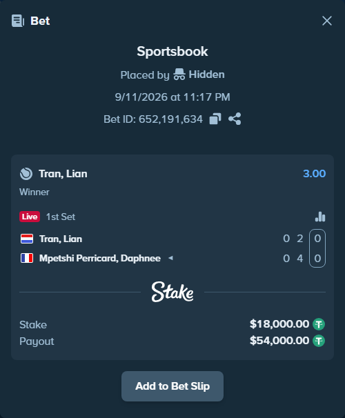 Bet slip: Tran, Lian - Mpetshi Perricard, Daphnee, $18,000.00 stake at 3.00 odds, placed by Hidden