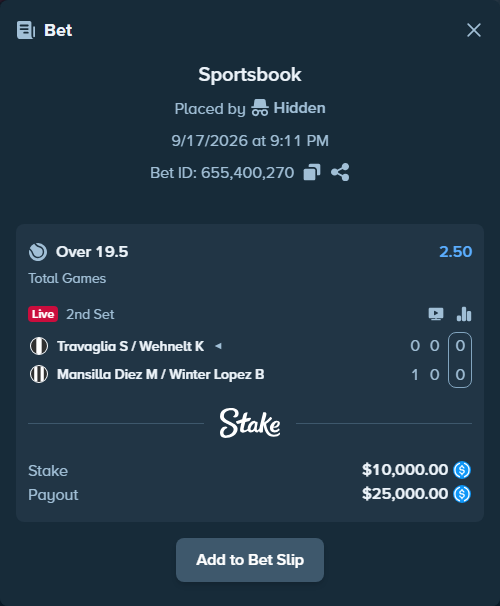 Bet slip: Travaglia S / Wehnelt K - Mansilla Diez M / Winter Lopez B, $10,000.00 stake at 2.50 odds, placed by Hidden
