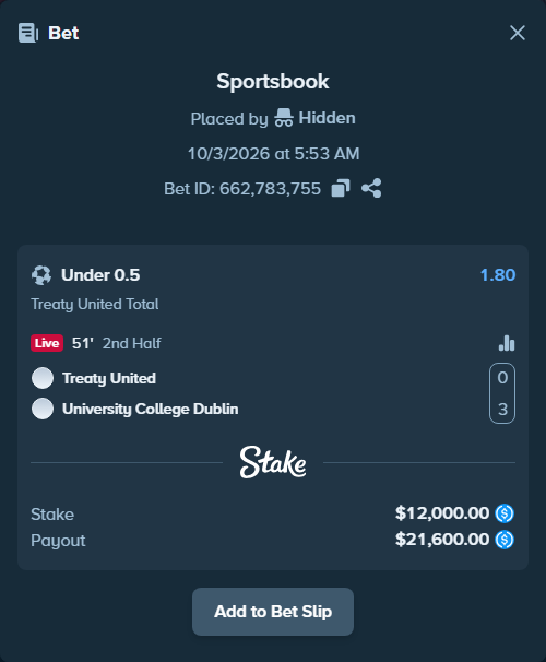 Bet slip: Treaty United - University College Dublin, $12,000.00 stake at 1.80 odds, placed by Shark325