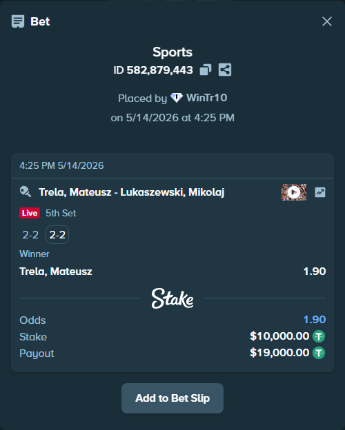 Bet slip: Trela, Mateusz - Lukaszewski, Mikolaj, $10,000.00 stake at 1.90 odds, placed by WinTr10