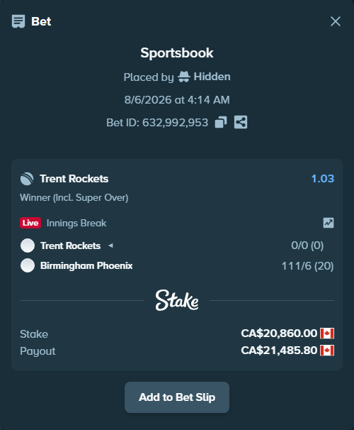 Bet slip: Trent Rockets - Birmingham Phoenix, $15,436.40 stake at 1.03 odds, placed by Hidden