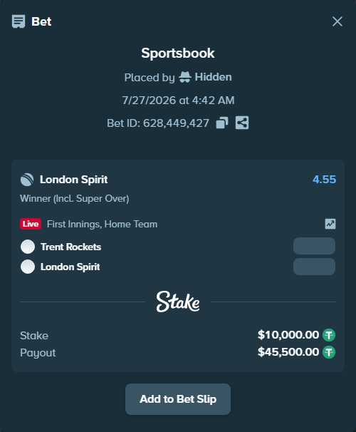 Bet slip: Trent Rockets - London Spirit, $10,000.00 stake at 4.55 odds, placed by Hidden