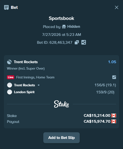 Bet slip: Trent Rockets - London Spirit, $11,258.36 stake at 1.05 odds, placed by Hidden