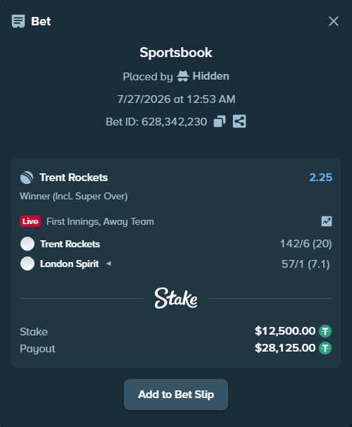 Bet slip: Trent Rockets - London Spirit, $12,500.00 stake at 2.25 odds, placed by Hidden