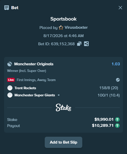 Bet slip: Trent Rockets - Manchester Super Giants, $10,000.00 stake at 1.03 odds, placed by Virusxboxter