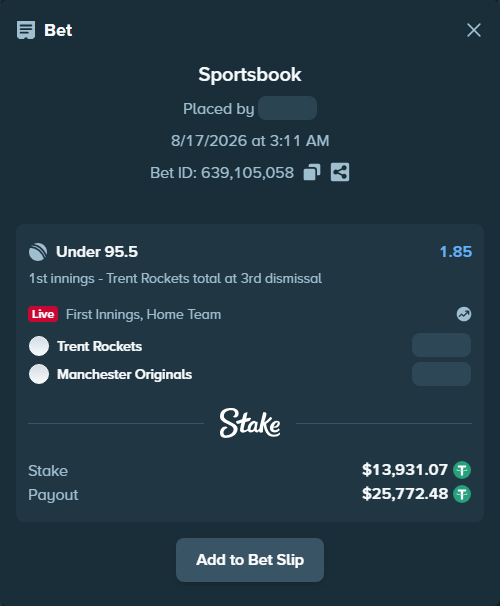 Bet slip: Trent Rockets - Manchester Super Giants, $13,945.00 stake at 1.85 odds, placed by Munni12300