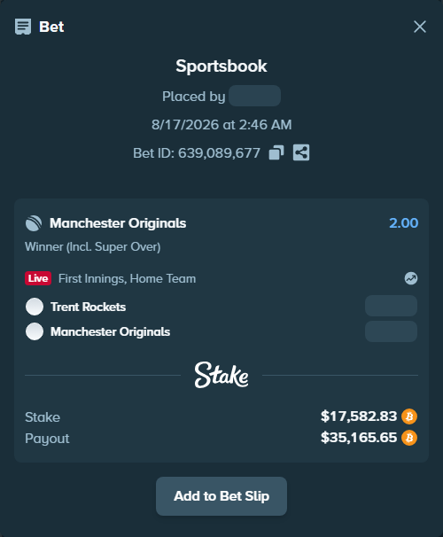 Bet slip: Trent Rockets - Manchester Super Giants, $17,452.61 stake at 2.00 odds, placed by sunilreddy517