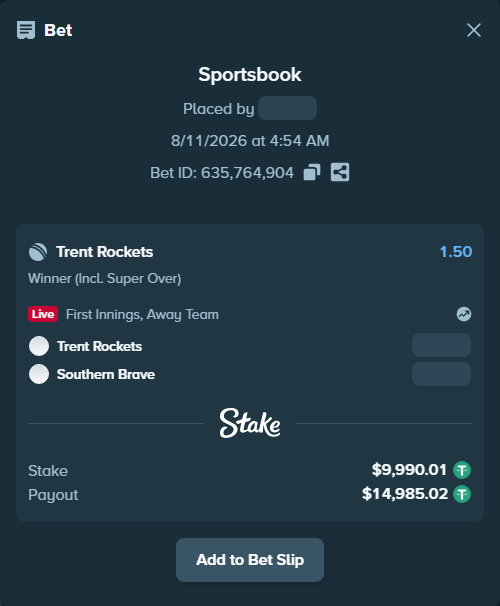 Bet slip: Trent Rockets - Southern Brave, $10,000.00 stake at 1.50 odds, placed by Raja6457