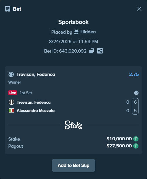 Bet slip: Trevisan, Federica - Alessandra Mazzola, $10,000.00 stake at 2.75 odds, placed by Hidden