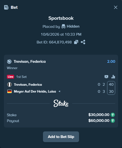 Bet slip: Trevisan, Federica - Meyer Auf Der Heide, Luisa, $30,000.00 stake at 2.00 odds, placed by Hidden