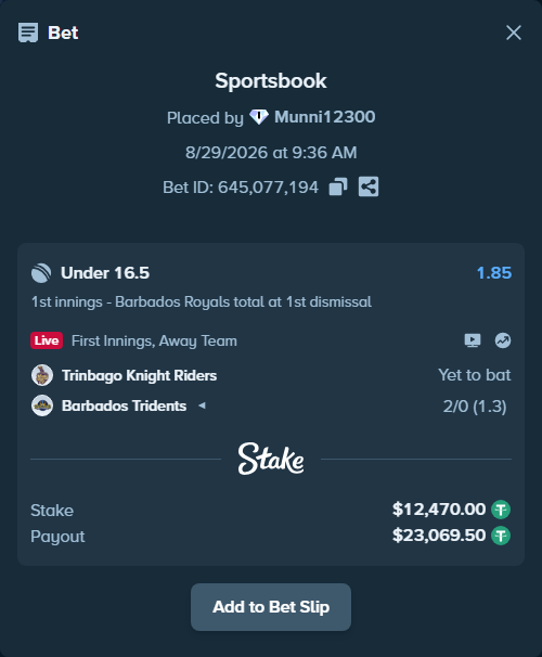 Bet slip: Trinbago Knight Riders - Barbados Tridents, $12,470.00 stake at 1.85 odds, placed by Munni12300