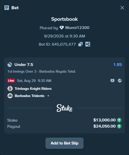 Bet slip: Trinbago Knight Riders - Barbados Tridents, $13,000.00 stake at 1.85 odds, placed by Munni12300