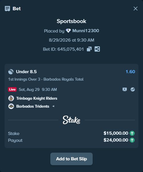 Bet slip: Trinbago Knight Riders - Barbados Tridents, $15,000.00 stake at 1.60 odds, placed by Munni12300