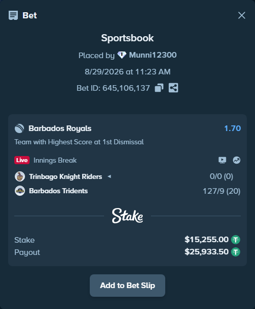 Bet slip: Trinbago Knight Riders - Barbados Tridents, $15,255.00 stake at 1.70 odds, placed by Munni12300