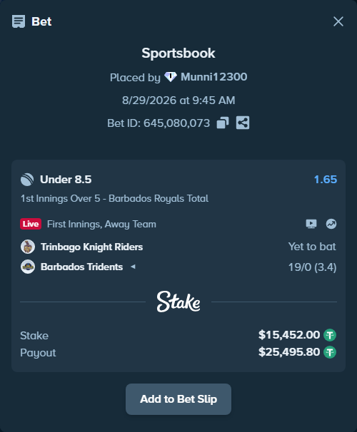 Bet slip: Trinbago Knight Riders - Barbados Tridents, $15,452.00 stake at 1.65 odds, placed by Munni12300
