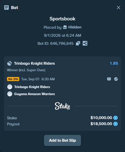 Bet slip: Trinbago Knight Riders - Guyana Amazon Warriors, $10,000.00 stake at 1.85 odds, placed by Hidden
