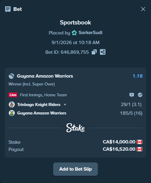 Bet slip: Trinbago Knight Riders - Guyana Amazon Warriors, $10,360.00 stake at 1.18 odds, placed by SarkerSudi