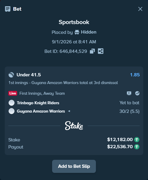 Bet slip: Trinbago Knight Riders - Guyana Amazon Warriors, $12,182.00 stake at 1.85 odds, placed by Hidden