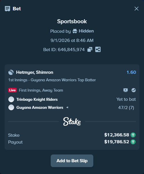 Bet slip: Trinbago Knight Riders - Guyana Amazon Warriors, $12,366.58 stake at 1.60 odds, placed by Hidden