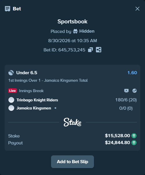 Bet slip: Trinbago Knight Riders - Jamaica Kingsmen, $15,528.00 stake at 1.60 odds, placed by Hidden