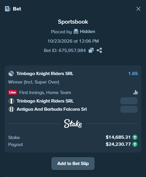 Bet slip: Trinbago Knight Riders SRL - Antigua And Barbuda Falcons SRL, $14,700.00 stake at 1.65 odds, placed by joshuahahn