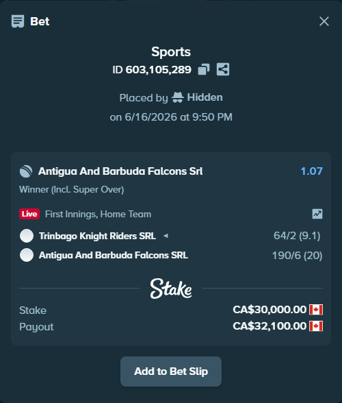 Bet slip: Trinbago Knight Riders SRL - Antigua And Barbuda Falcons SRL, $22,200.00 stake at 1.07 odds, placed by Hidden