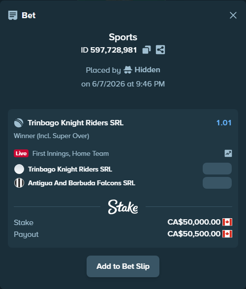 Bet slip: Trinbago Knight Riders SRL - Antigua And Barbuda Falcons SRL, $37,000.00 stake at 1.01 odds, placed by Hidden