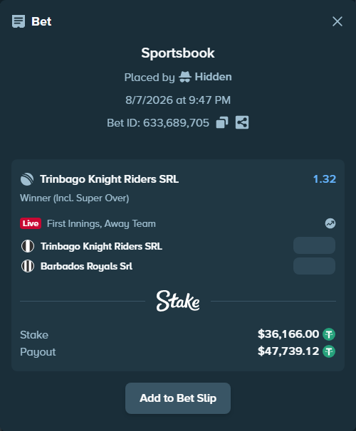 Bet slip: Trinbago Knight Riders SRL - Barbados Royals SRL, $36,202.17 stake at 1.32 odds, placed by Hidden