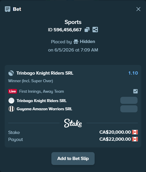 Bet slip: Trinbago Knight Riders SRL - Guyana Amazon Warriors SRL, $14,800.00 stake at 1.10 odds, placed by Hidden