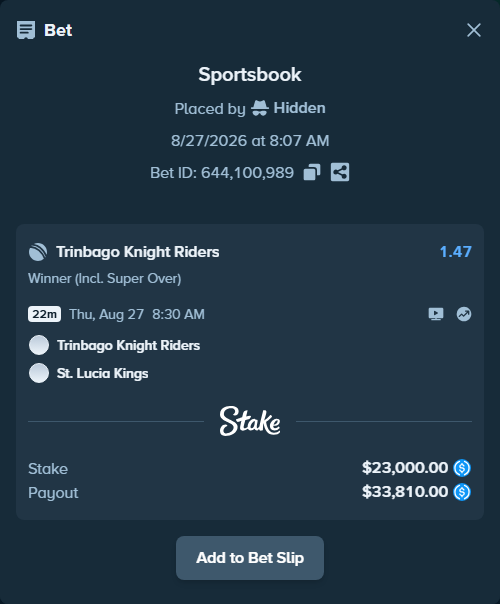 Bet slip: Trinbago Knight Riders - St. Lucia Kings, $23,000.00 stake at 1.47 odds, placed by Hidden