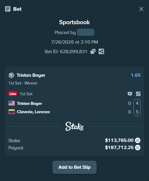 Bet slip: Tristan Boyer - Claverie, Lorenzo, $110,120.48 stake at 1.65 odds, placed by Prettylfacko98