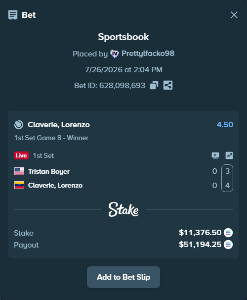Bet slip: Tristan Boyer - Claverie, Lorenzo, $11,036.85 stake at 4.50 odds, placed by Prettylfacko98