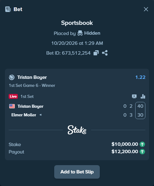 Bet slip: Tristan Boyer - Elmer Moller, $10,010.00 stake at 1.22 odds, placed by Kriski99