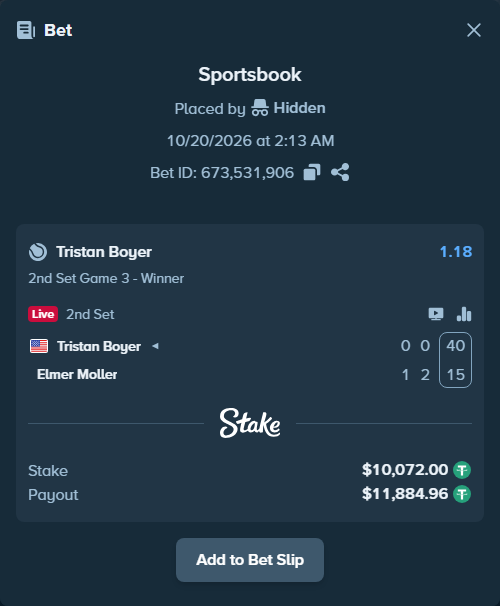 Bet slip: Tristan Boyer - Elmer Moller, $10,082.07 stake at 1.18 odds, placed by Kriski99