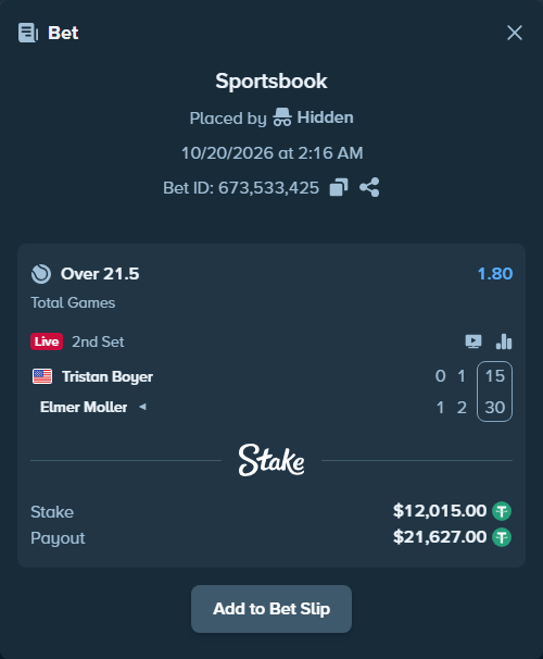 Bet slip: Tristan Boyer - Elmer Moller, $12,027.01 stake at 1.80 odds, placed by Kriski99