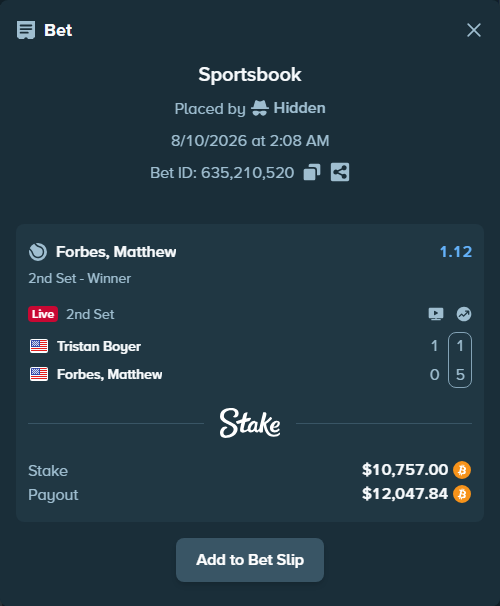 Bet slip: Tristan Boyer - Forbes, Matthew, $10,751.55 stake at 1.12 odds, placed by Hidden