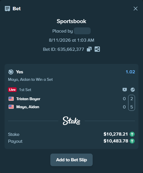 Bet slip: Tristan Boyer - Mayo, Aidan, $10,288.49 stake at 1.02 odds, placed by RyazheniyPetuh