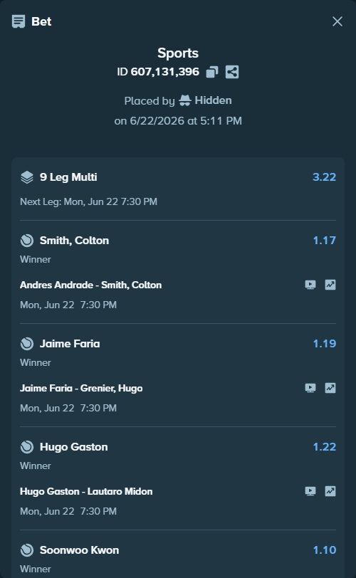 Bet slip: Tristan Boyer - Olivieri, Genaro Alberto, $100,100.00 stake at 1.15 odds, placed by Hidden