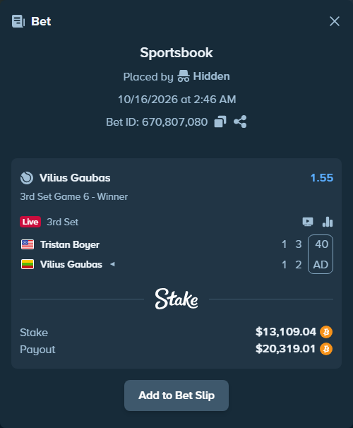 Bet slip: Tristan Boyer - Vilius Gaubas, $13,096.12 stake at 1.55 odds, placed by Prettylfacko98