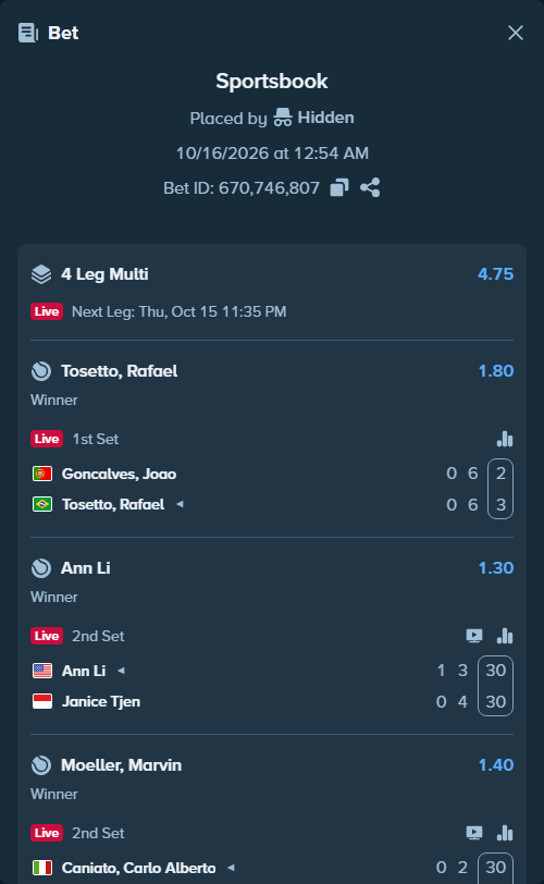 Bet slip: Tristan Boyer - Vilius Gaubas, $25,000.00 stake at 1.45 odds, placed by Hidden