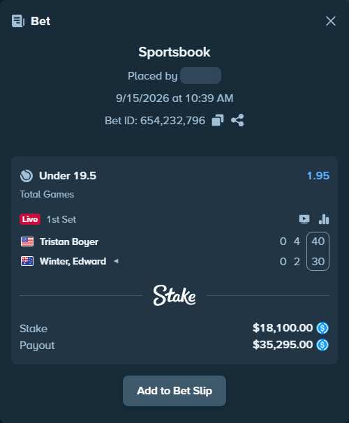 Bet slip: Tristan Boyer - Winter, Edward, $18,100.00 stake at 1.95 odds, placed by kuwkuw