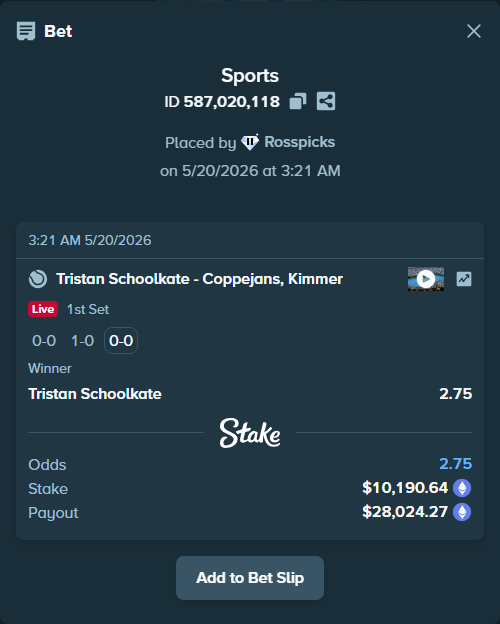 Bet slip: Tristan Schoolkate - Coppejans, Kimmer, $8,348.19 stake at 2.75 odds, placed by Rosspicks