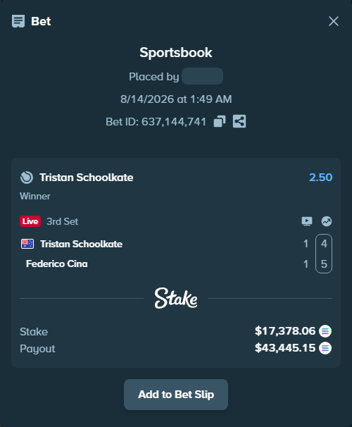 Bet slip: Tristan Schoolkate - Federico Cina, $17,416.43 stake at 2.50 odds, placed by Prettylfacko98