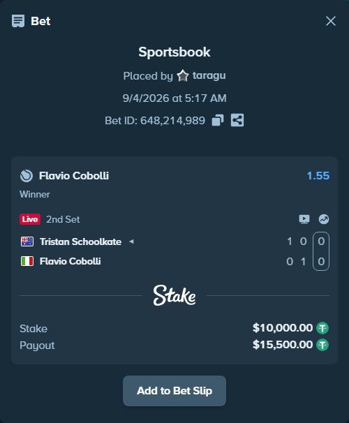 Bet slip: Tristan Schoolkate - Flavio Cobolli, $10,000.00 stake at 1.55 odds, placed by taragu