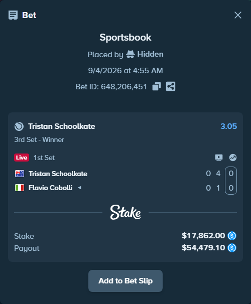 Bet slip: Tristan Schoolkate - Flavio Cobolli, $17,862.00 stake at 3.05 odds, placed by Hidden
