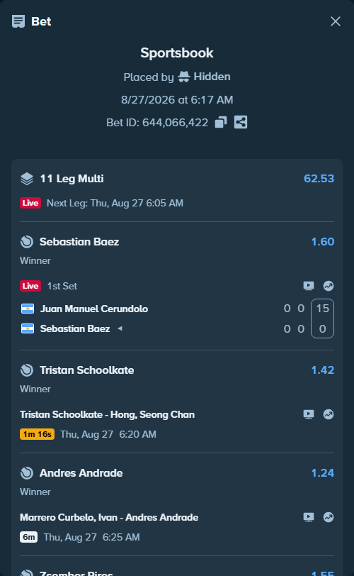 Bet slip: Tristan Schoolkate - Hong, Seongchan, $11,393.00 stake at 1.42 odds, placed by Hidden
