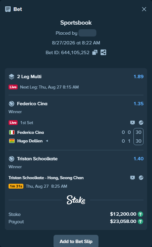 Bet slip: Tristan Schoolkate - Hong, Seongchan, $12,200.00 stake at 1.40 odds, placed by Davidbushel1