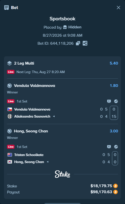 Bet slip: Tristan Schoolkate - Hong, Seongchan, $18,184.31 stake at 3.00 odds, placed by Hidden
